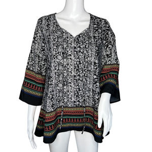 Signature Studio Shirt Womens Small Black White‎ Floral Multi Stripe Tunic Boho